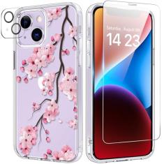 bicol Capa para iPhone 14 com protetor de tela e lente de câmera - Design floral de flores elegantes para mulheres e meninas - Capa de telefone transparente de acrílico à prova de choque de 6,1