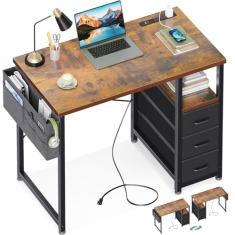 AODK Mesa de computador pequena de 81 cm com gavetas de tecido e estação de carregamento, mesa de escritório para quarto, mesa de escritório em casa com prateleira de armazenamento e bolsa para