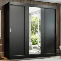 Guarda-Roupa Casal Madesa Reno 3 Portas de Correr com Espelho, Preto