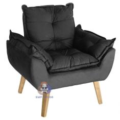 Poltrona Decorativa Glamour Com Puff Suede Veludo Light Preto SMF Decor