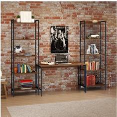 Conjunto Home Office 3 Peças com Escrivaninha e 2 Estantes Industriais Active Yescasa Nogal