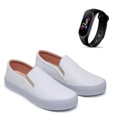 Kit Tênis Casual Feminino Macio Legítimo Slip On Iate + Relógio Touch Digital-Feminino
