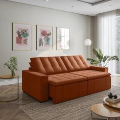 Sofá Cama Retrátil e Reclinável 4 Lugares 280cm em Veludo com Molas e Braço Reto Palmeira Cabecasa M Terracota