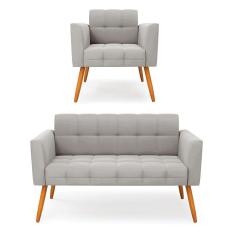 Kit 1 Sofá Namoradeira e 1 Poltrona Elisa Veludo Cinza Pés Palito Castanho - D`Rossi