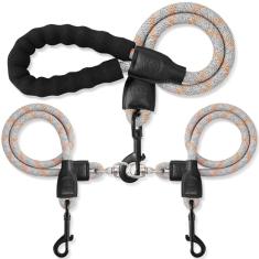 Coleira dupla para dois cães - Rotação removível de 360°, coleira sem emaranhamento com tiras refletivas para caminhadas e treinamento de cães pequenos, médios e grandes, S/8-45ibs, cinza