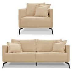 Kit Poltrona e Sofá Living 2 Lugares 1,60m Sirius Linho Pés Metálicos 
