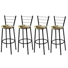 Kit 4 Banquetas Alta Preta com Assento Floral Marrom Fortmix