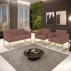 Kit 1 Sofá Namoradeira e 2 Poltronas Elisa Veludo Rosê Base Metálica I