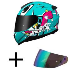Capacete Norisk Razor Mad Azul e Rosa Mais Viseira Camaleão