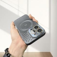 Capa de telefone de malha de dissipação de calor respirável 12 13 14 15 pro max capa de telefone de carregamento sem fio magnético, preto, para iphone 15 pro