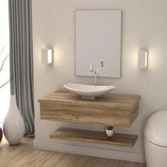 Bancada para Banheiro 80cm com Cuba Canoa L45 Prateleira e Espelheira 