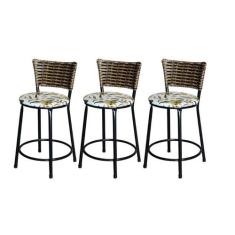 Jogo 3 Banqueta Baixa Para Cozinha Ratan Cappuccino Preta Estofado Flo