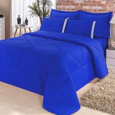 Kit Edredom + Lençol Aconchego Dupla Face Casal Queen 6 Peças - Azul -