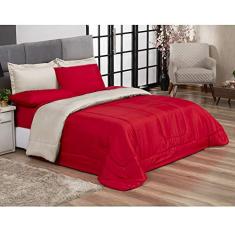 Kit Edredom Casal Queen Jogo de Lençol 06 peças Aconchego Dupla Face Vermelho e Bege Casa Dona