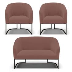 Sofá Namoradeira E 2 Poltronas Base Industrial Preto Stella Veludo Rosê D03 - D`rossi