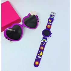 Kit Relógio Infantil Digital Led Redondo Pulseira Silicone Desenho 3D 