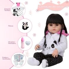 Boneca Tipo Reborn Morena Que Fala 46cm Roupa Panda Itens - Cegonha Re