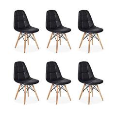 Conjunto 6 Cadeiras Dkr Charles Eames Wood Estofada Botonê - Preta