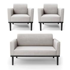 Sofá Namoradeira com 2 Poltronas Base de Madeira Fixa Preto Marisa Veludo D03 - D`Rossi