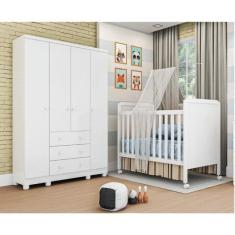 Conjunto para Quarto de Bebê com Berço Mini Cama Cloe e Guarda Roupa 4 Portas Uli Móveis Peroba Branco