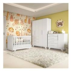 Quarto de Bebê Completo com 1 Guarda Roupa 1 Cômoda 1 Berço 100% MDF Kakau Espresso Móveis Branco