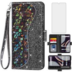 Asuwish Capa de telefone para BLU G53 capa carteira com protetor de tela de vidro temperado e alça de pulso flip porta-cartão de crédito Bling Glitter suporte acessórios para celular azul G 53 6,5