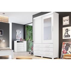 Guarda Roupa Solteiro 2 Portas e 6 Gavetas c/ Espelho Jequitibá/Buriti Branco - Novo Horizonte