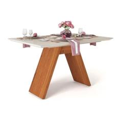 Mesa p/ Cozinha Fit c/ Tampo Madeirado c/ Vidro 160x90cm Rústico Terrara/Off White - DJ Móveis