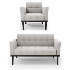 Sofá Namoradeira e Poltrona Base de Madeira Preto Elisa Veludo D03 - D