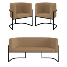 Kit 2 Poltronas Sofá 2 Lugares Base De Metal Black Veludo Capuccino
