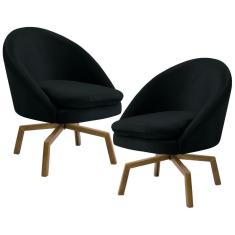 Kit 2 Poltronas Decorativas Giratórias Base Ka Madeira Rafa C-300 Veludo Preto - Domi