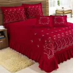 Kit Cobre Leito Casal King Desejos 07 Peças Bordado - Vermelho - Ateli