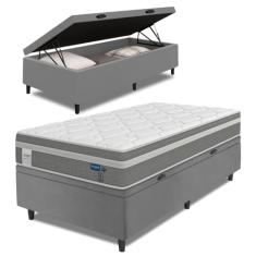 Cama Box Baú Colchão Solteiro Molas Ensacadas Euro In Up 88x188x67cm Cinza/Branco Probel - Suporta até 110kg por Pessoa