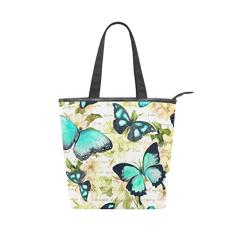Bolsa feminina durável de lona com flores em aquarela borboletas bolsa de ombro para compras com grande capacidade