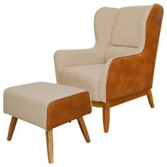 Poltrona Decorativa Base Madeira E Puff Milena C-129