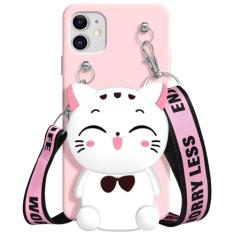 SGVAHY Capa carteira para iPhone 11 com alça de cordão fofo gato rosa bolsa de moedas engraçada capa de telefone kawaii de silicone macio à prova de choque para mulheres meninas