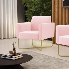 Poltrona Sala Decorativa Marisa Aço Industrial X Dourado Suede Rosa Be