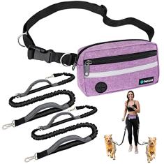 PetAmi Coleira para cães mãos livres, correia para corrida de cães para passear, correr, bolsa com zíper para cintura de cachorro com dispensador de saco de cocô, alças duplas acolchoadas, coleira elástica durável refletiva, dupla