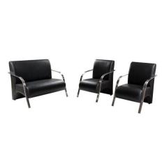 Conjunto Poltrona Decorativa Sevilha Braço Alumínio kit 3 peças Confortável Sala Corino Preto