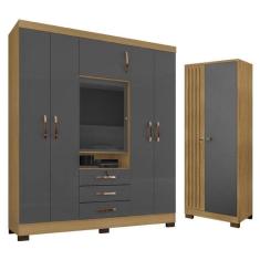 Guarda Roupa Casal Imperial Com Armário Multiuso Versátile Carvalho Americano Grafite - Incorplac