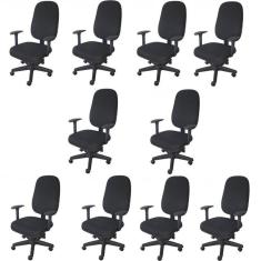 Kit 10 Unidades Cadeira Escritório Secretária Giratória com Braço Regulável em Couro Preto