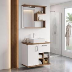 Gabinete para Banheiro 70cm com Cuba e Espelheira Veneza Branco/Nogal 