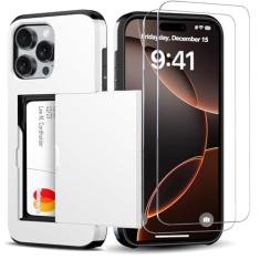 Benbenjaytek Capa carteira para iPhone 16 Pro com suporte para cartão + 2 protetores de tela de vidro temperado protetor à prova de choque com compartimento oculto para cartão, capa fina feminina e