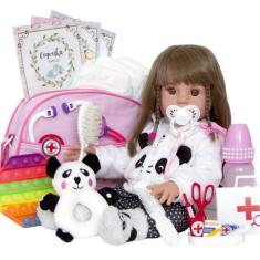Bebe Reborn de Silicone Pandinha Boneca Banho com Acessórios - Cegonha