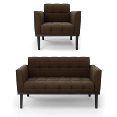 Sofá Namoradeira E Poltrona Base De Madeira Preto Elisa Suede Marrom D03 - D'rossi
