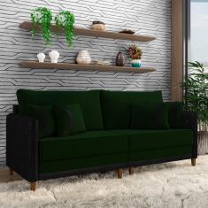 Sofá Living Montecarlo 3 Lugares Bipartido 252cm Pés Em Madeira Veludo-pu Verde-preto G33 Gran Belo