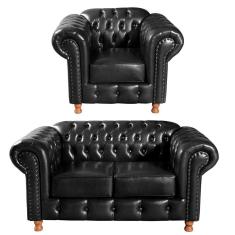 Conjunto Sofá 2 Lugares E Poltrona Luis Xv Chesterfield Vintage Preto