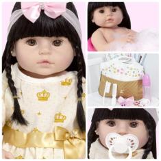 Boneca Bebê Reborn Menina Vestido Dourado Morena - Cegonha Reborn Doll