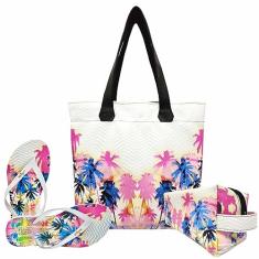 Kit Tropical Feminino Coqueiros Coloridos Bolsa, Necessaire, Chinelo, Magicc