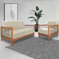 Conjunto Sofá Namoradeira e Poltrona Sala de Estar Pés Madeira Maciça 